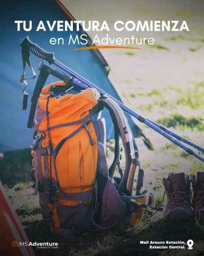 Publicación Instagram 'Tu aventura comienza en MS Adventure' — mochila de trekking